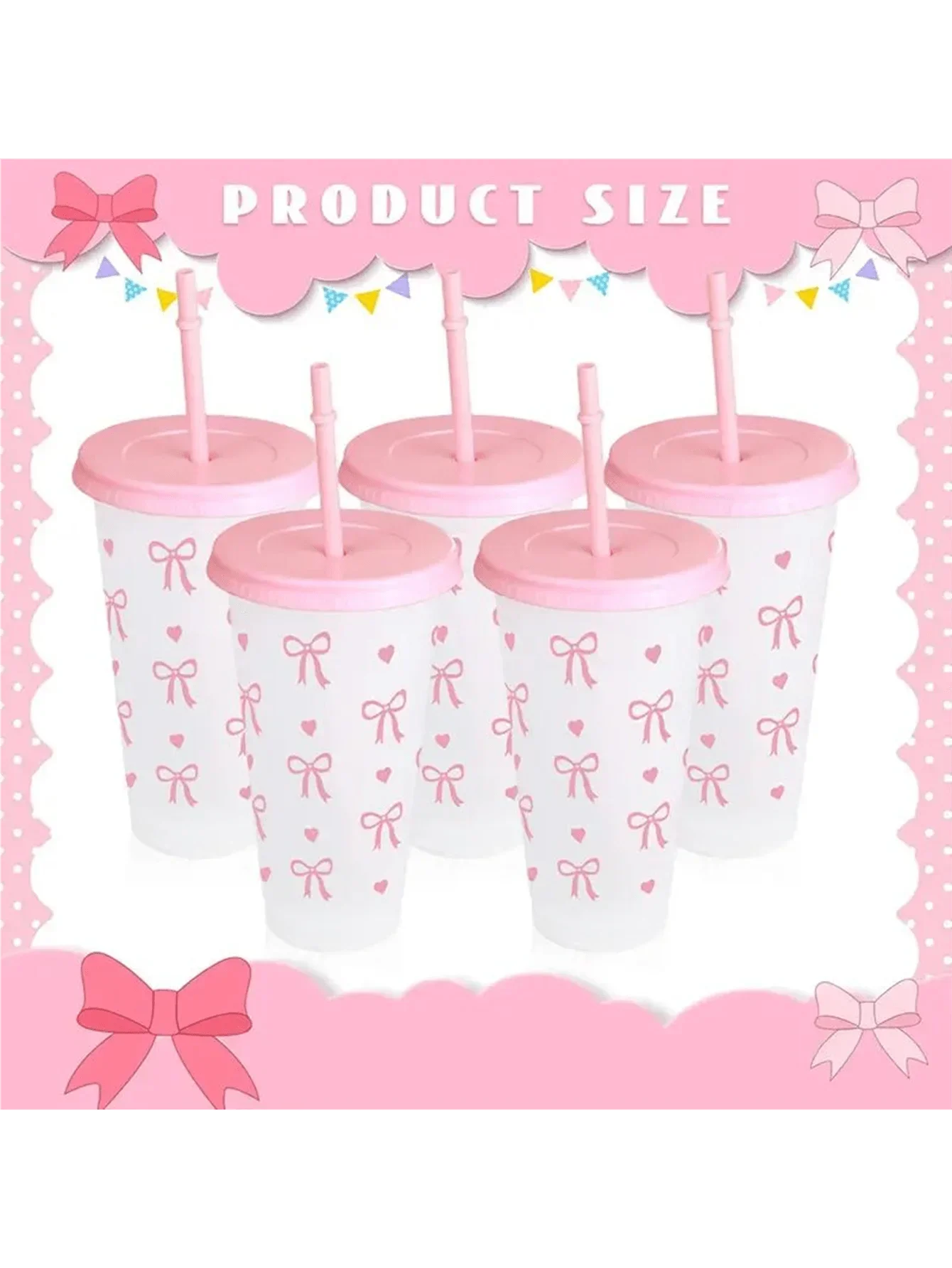Reusable Plastic Cups With Pink Ribbons, 24 Ounces With Straws And Lids. For Parties, Drinking, Coffee, Weddings, Birthdays