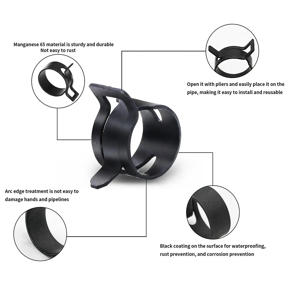100Pcs/Set 6-17/6-22mm Black Q673B Vacuum Spring Fuel Oil Water Hose Clip Pipe Tube for Band Clamp Metal Fastener Assortment Kit