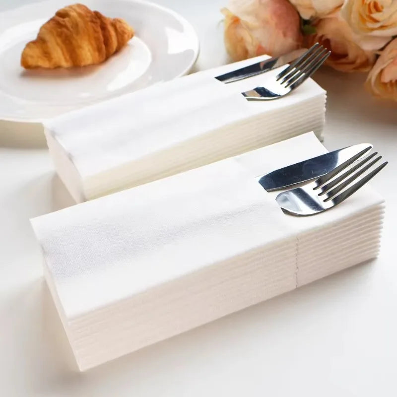 25/50PCS White Prefolded Paper Napkins Built-in Flatware Pocket Disposable Dinner Paper Napkins Christmas Wedding Party Supplies