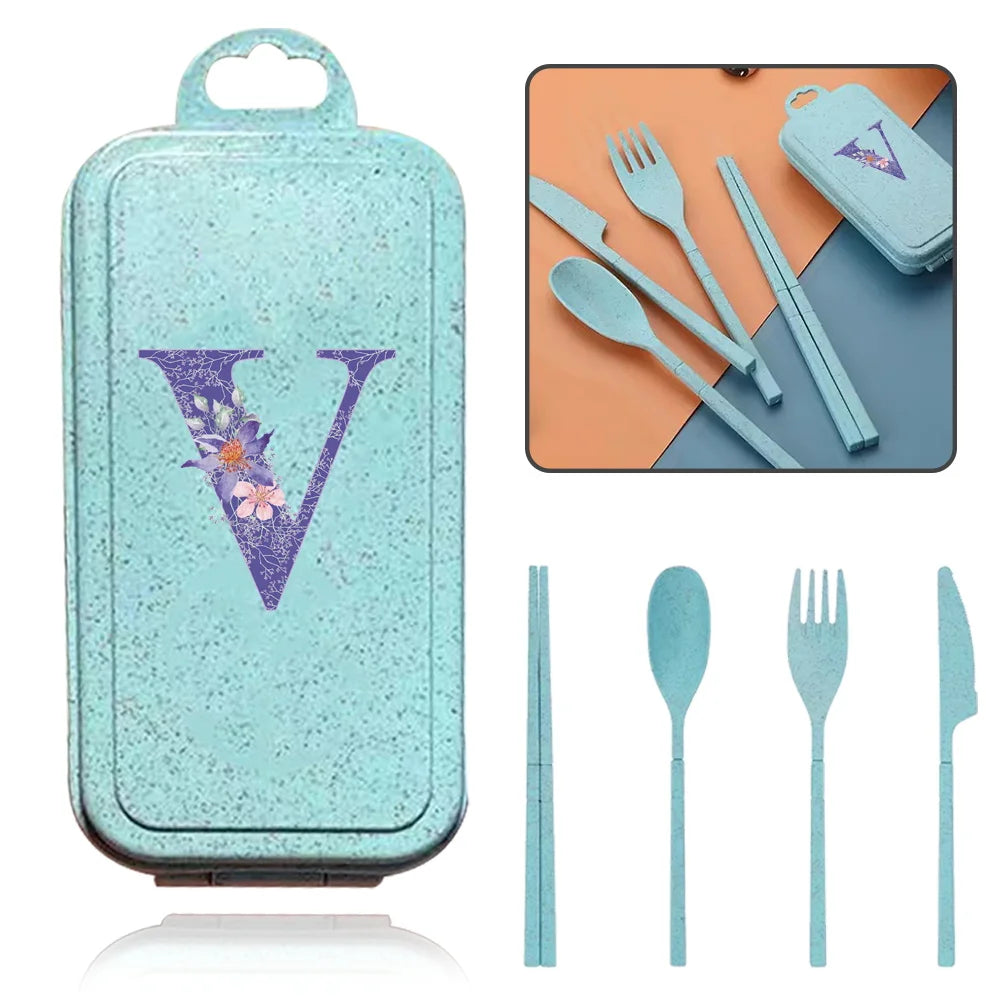 4Pcs Wheat Straw Cutlery Knife Spoon Fork Chopsticks Portable Set Plastic Detachable Dinnerware Purple Flower Letter Pattern