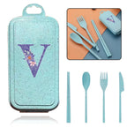 4Pcs Wheat Straw Cutlery Knife Spoon Fork Chopsticks Portable Set Plastic Detachable Dinnerware Purple Flower Letter Pattern