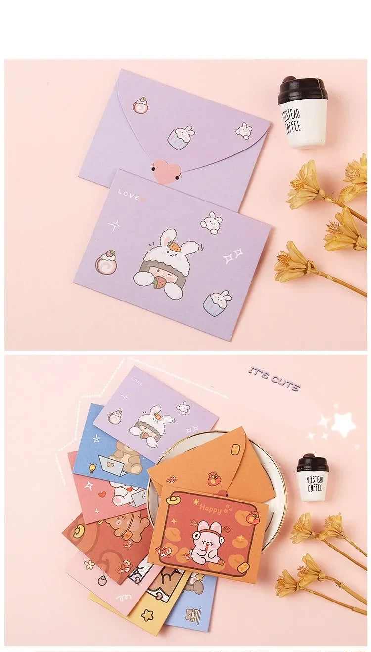 10pcs Japanese Cute Style Paper Envelopes Bear Rabbit Blessing Thank Envelope Cartoon Decoration Letter Paper Greeting Gift Card