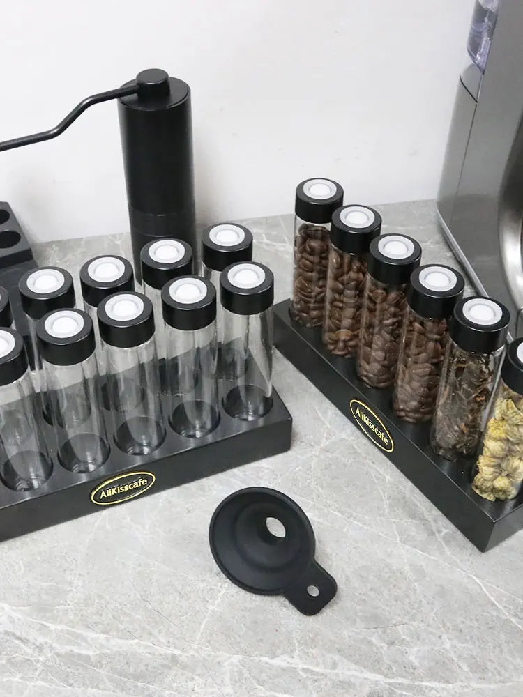 Coffee Beans Storage Container Glass Tube Bottle With Breathable Lid Wooden Display Rack Barista Accessories Coffeware Sets Gift