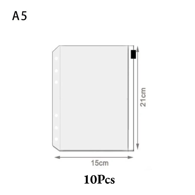10Pcs A5 A6 A7 Binder Pockets Waterproof Zipper Pouch for 6 Ring Notebook Binder Clear Document Filing Bag Leaf Organizer Folder