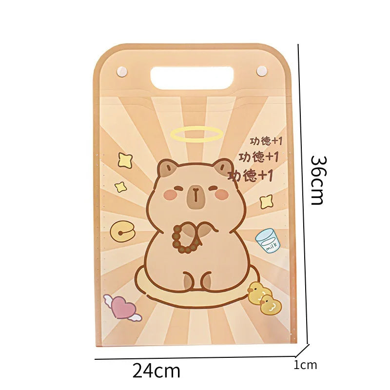 Vertical Accordion File Folder with Capybara Cartoon Print, Large Capacity for Test Papers, Student Tote Bag with Handle