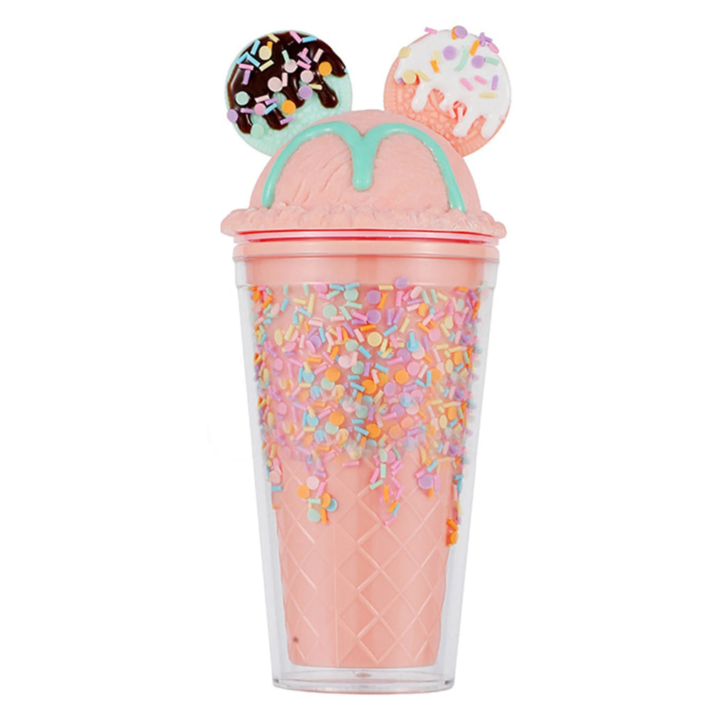 450ml Fashion Cartoon Ice Cream Straw Cup Adorable Plastic Bear Drinking Cup With Lid Milk Tea Cup For Women Girls Outdoor Home