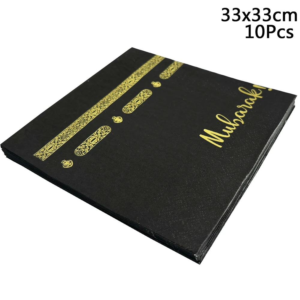 10Pcs Umrah Eid Mubarak Ramadan Party Disposable Tableware Kaaba Paper Plates Cups Napkin Muslim Islamic Eid Al-Fitr Decoration