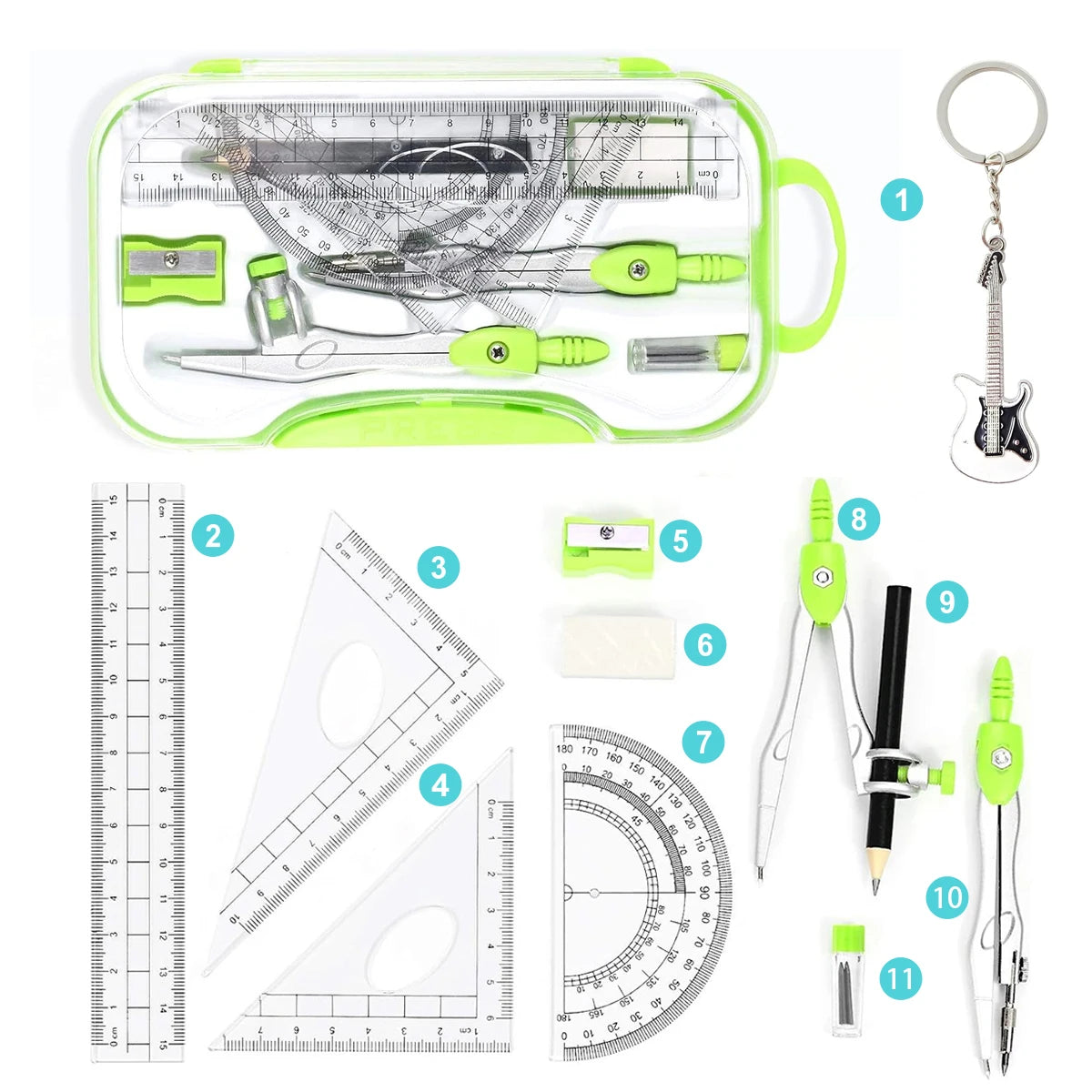 1 Set Math Geometry Kit Protractor Compass Set Triangle Ruler  11 Pcs Student Supplies,Green