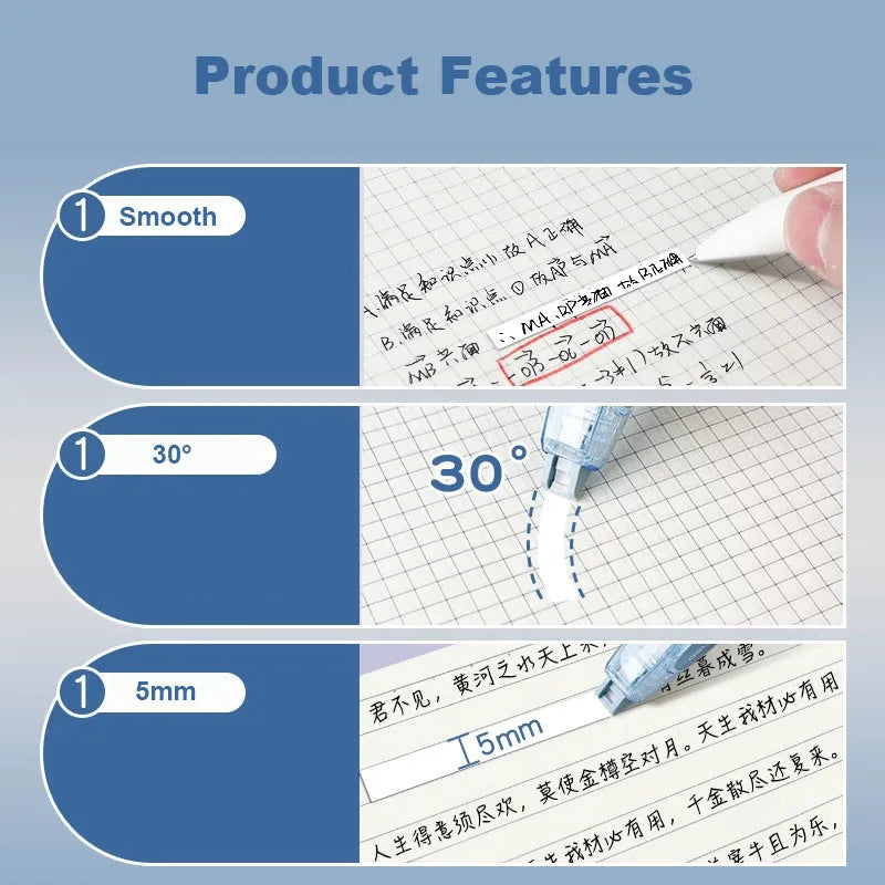 Press Correction Tape Set 5mm*12m Large Capacity Refill Replacement Stationery School Office Supplies Pen Style Correction Tape