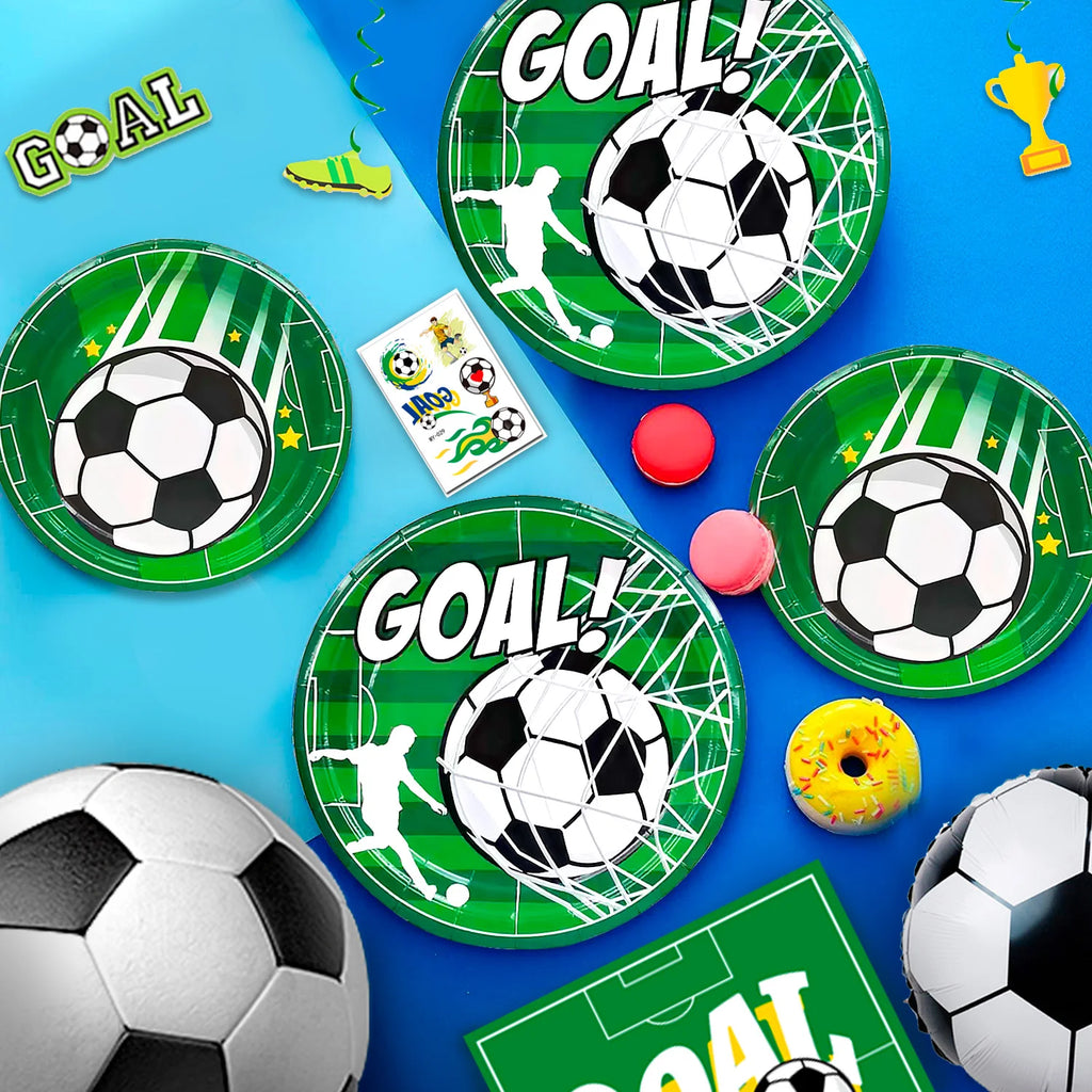 Soccer Party Decorations,113pcs Party Decorations&Tableware Set-Soccer Birthday Banner Balloons Whistle Keychain Plates etc