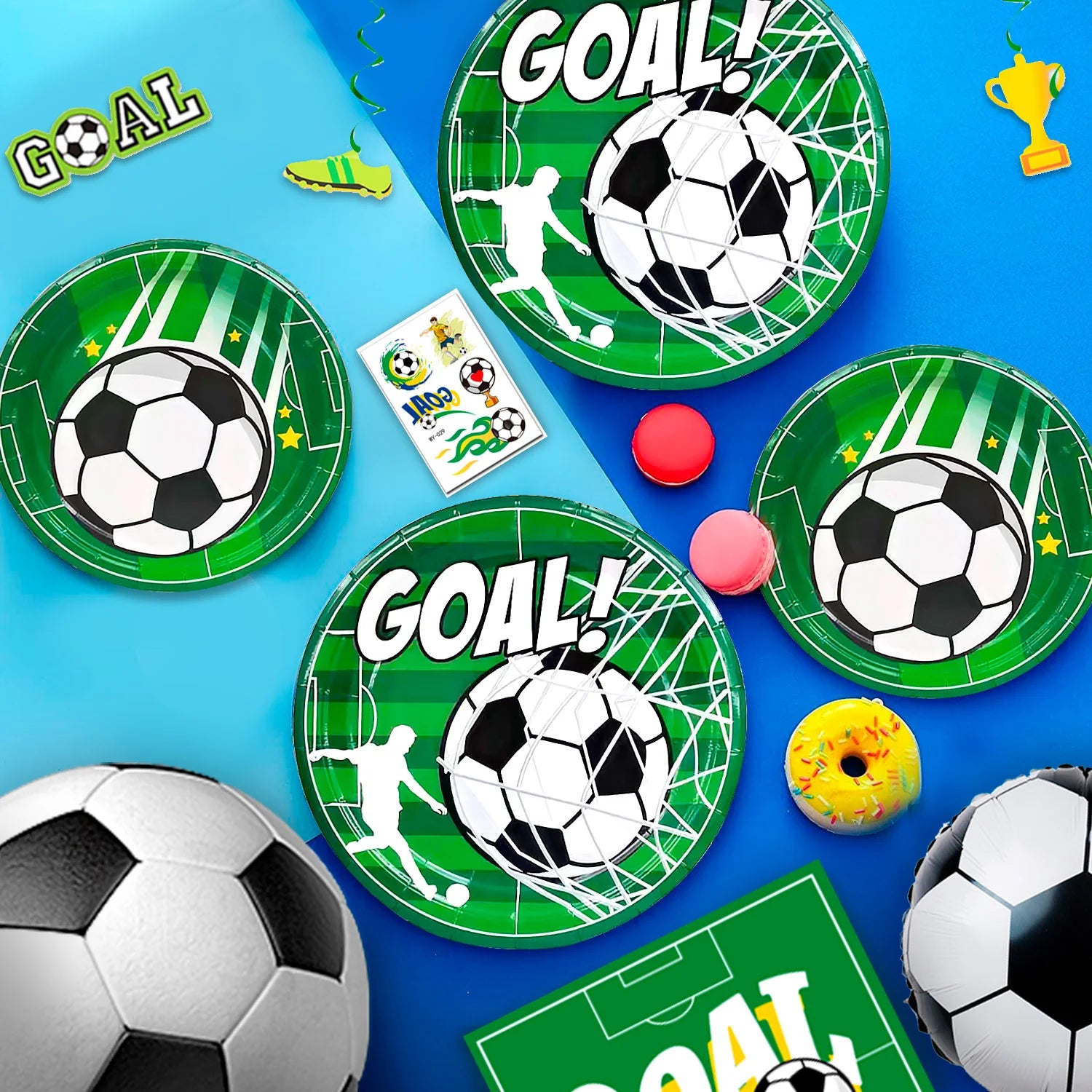 Soccer Party Decorations,113pcs Party Decorations&Tableware Set-Soccer Birthday Banner Balloons Whistle Keychain Plates etc