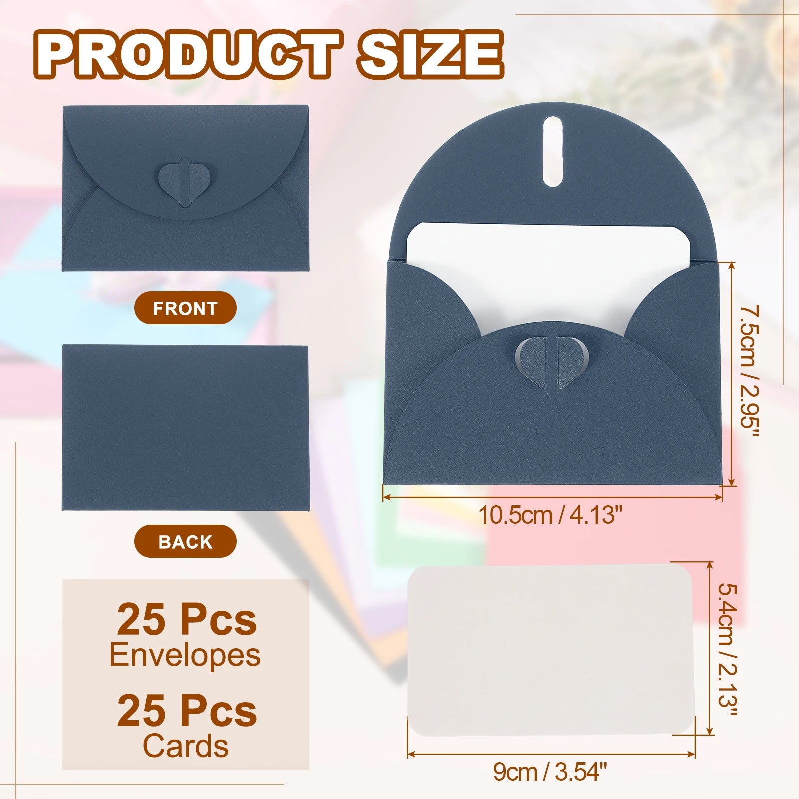 25Sets Mini Envelopes with Heart Clasp 9x5.4cm Blank Note Cards with 10.5x7.5cm Envelopes for Gift Wedding Invitation Graduation