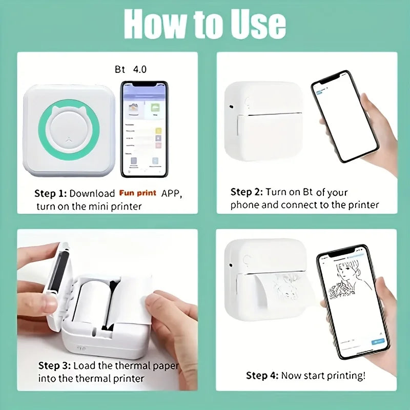 Portable Mini Label Printer - 57mm Wide, 200dpi Photo Printing, Rechargeable USB-Powered, Compact Design for Home Office