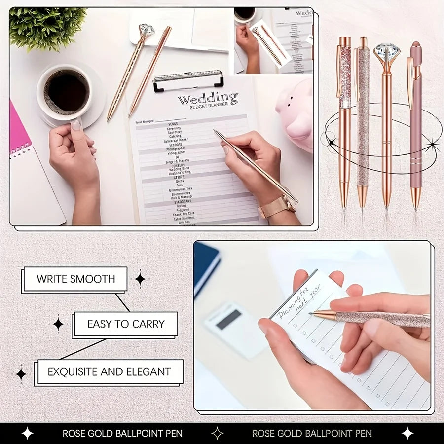 3-9pcs Rose Golden Metal Ballpoint Pen Set, Pearl Quicksand Crown, Love Artificial Diamond,School&Office Supply Gifts,Weddings