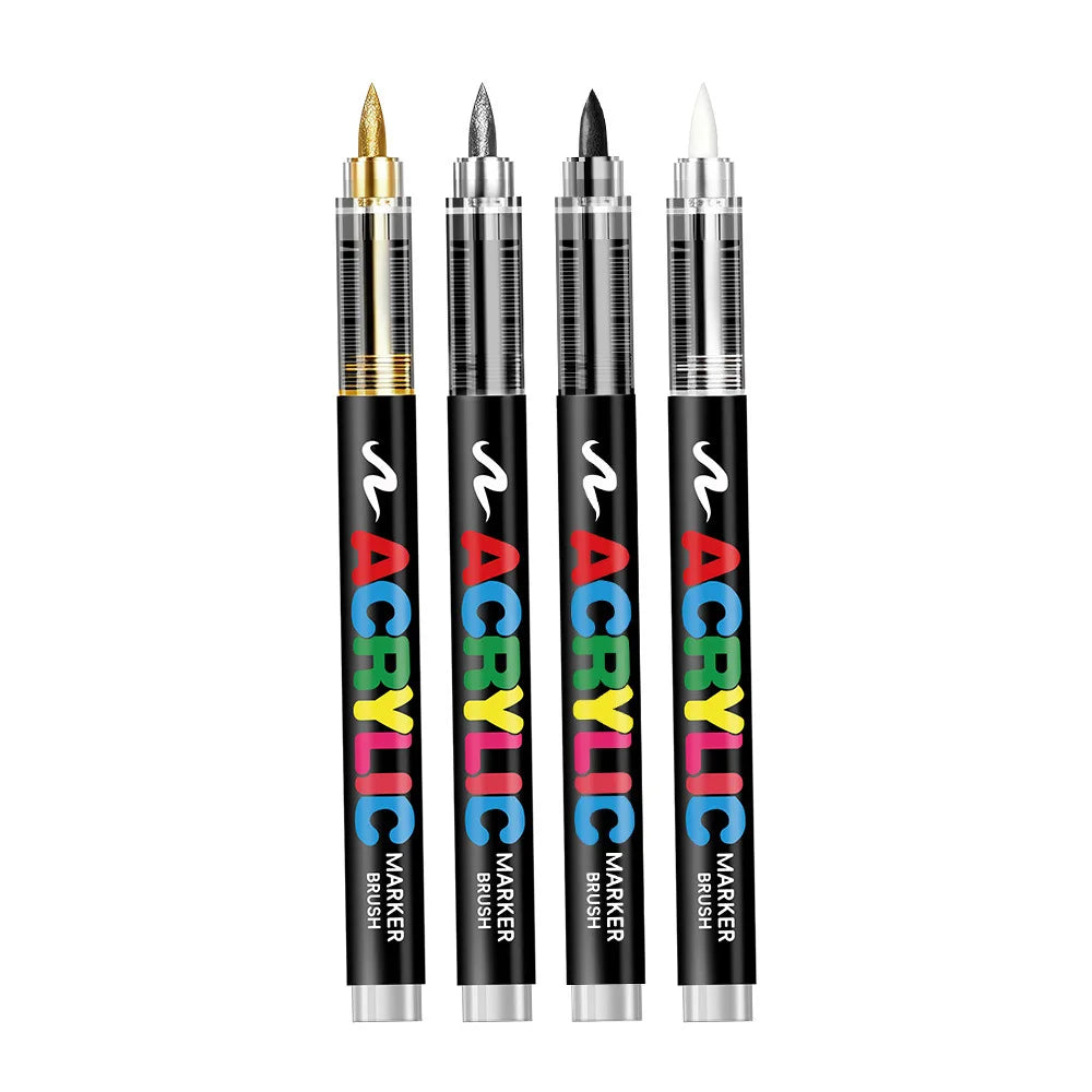 12 Pcs Black and White/Gold and Silver Acrylic Paint Markers Set, Large Ink Capacity, Skin Color Brush Markers Pen Art Supplies