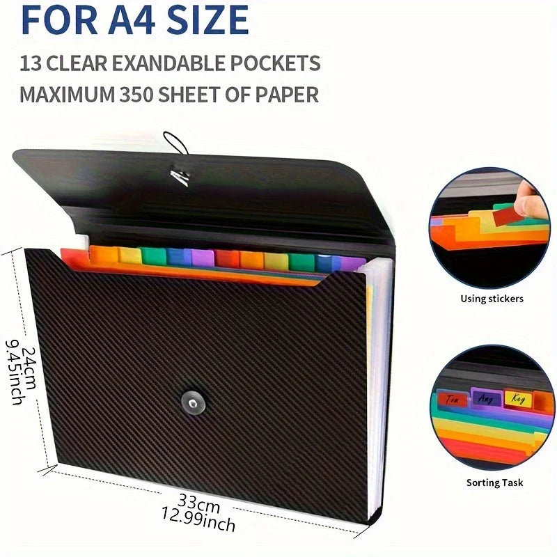 13 Pockets Accordion File Holder - Expanding File Folder Organizer for A4 Letter Size Paper Documents