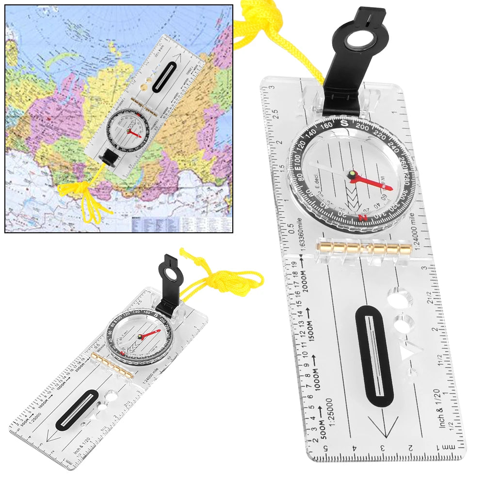 Compass Map Scale Ruler Multifunctional Survival Guiding Tool Folding Drawing waterproof for Outdoor Hiking Camping Survival