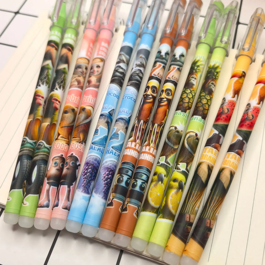 12pcs Tung Tung Sahur Italian Brainrot Wooden Stick Gel Pen Cartoon Signature Pen Individually Packaged Student Stationery Gift
