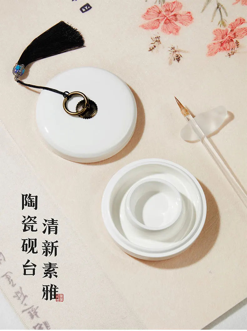 Medium Size Ceramic Ink Stone with Lid, Double Ring Moisturizing Anti-dry Ink Pot for Calligraphy Lovers Learning
