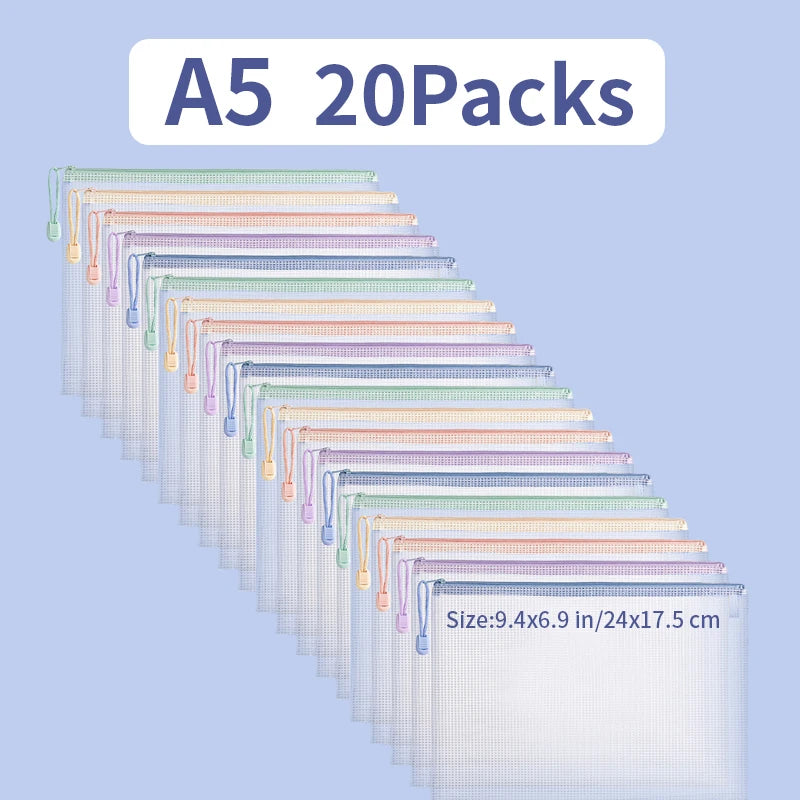5/10/20/30PCS Mesh Zipper Pouch Document Bag Waterproof Zip File Folders A4 A5 Size Office School Supplies Document Storage Bags