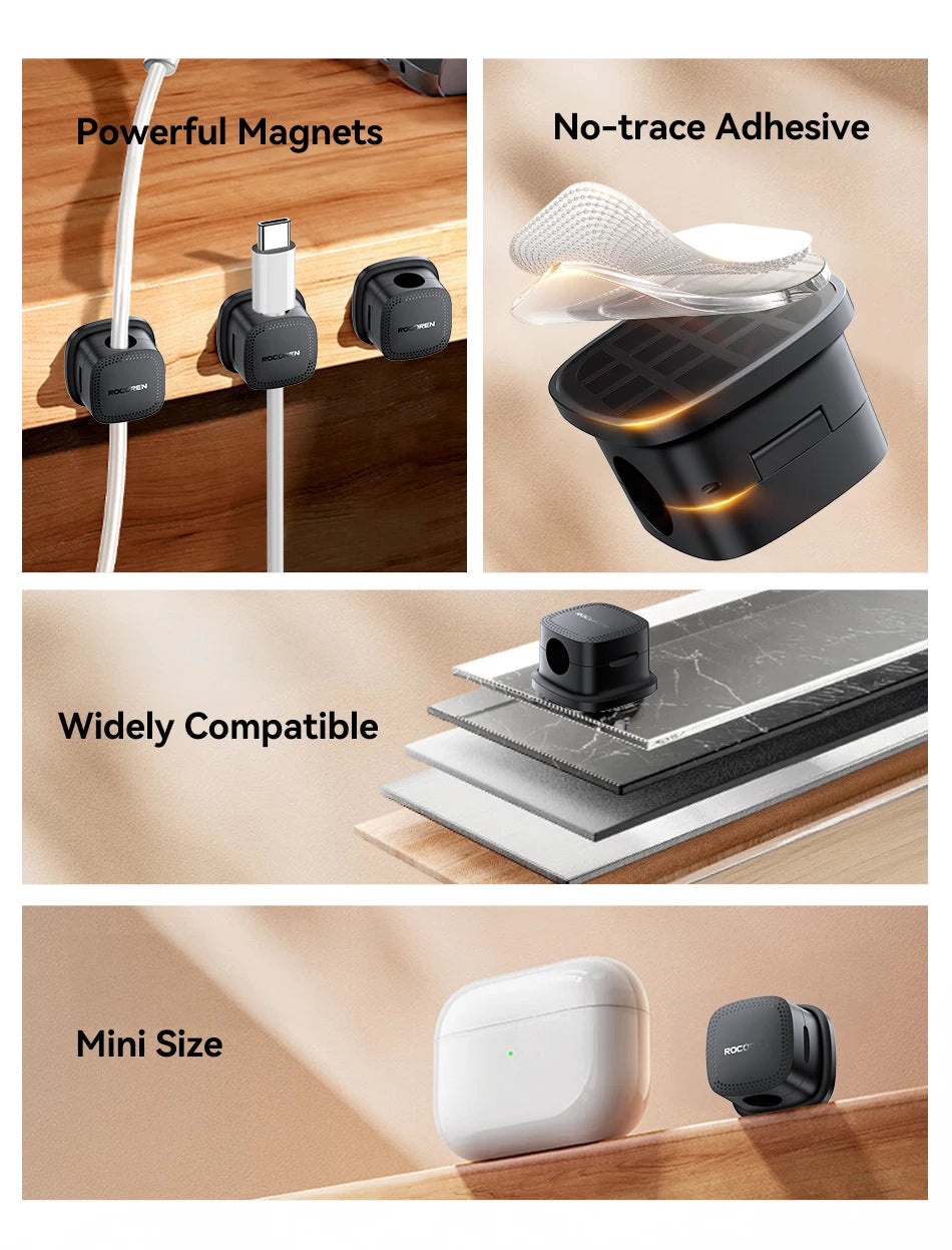 ROCOREN Magnetic Cable Organizer Self Adhesive Wire Holder Under Desk Adjustable Cable Management Wire Keeper Cable Holder Clips 6-30PCS