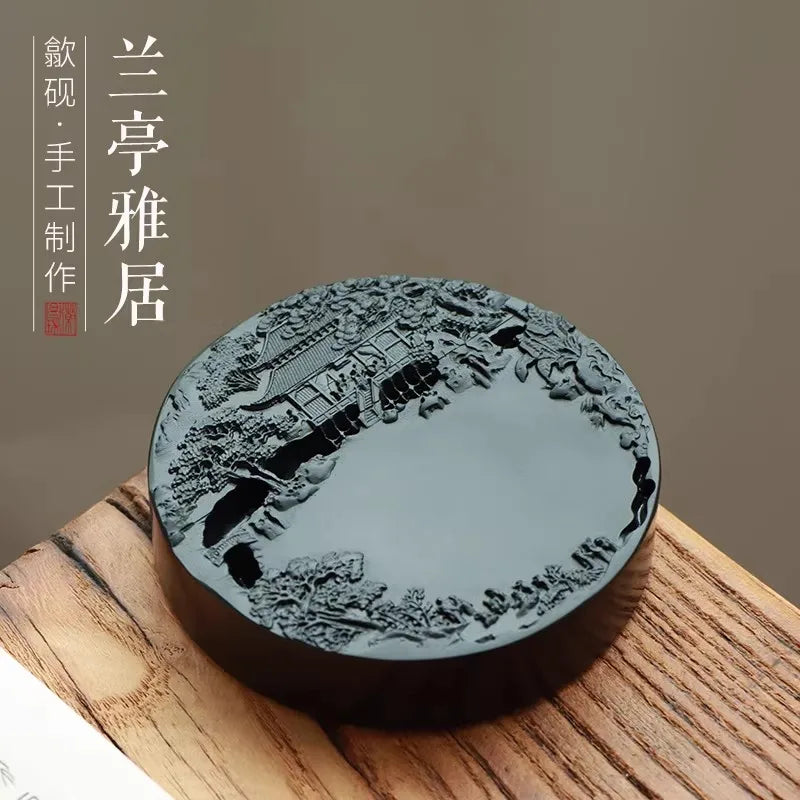 Chinese Calligraphy Inkstone She Ink Stone, Natural Stone Painting Ink Slab for Brush Writing 9.8x2 cm