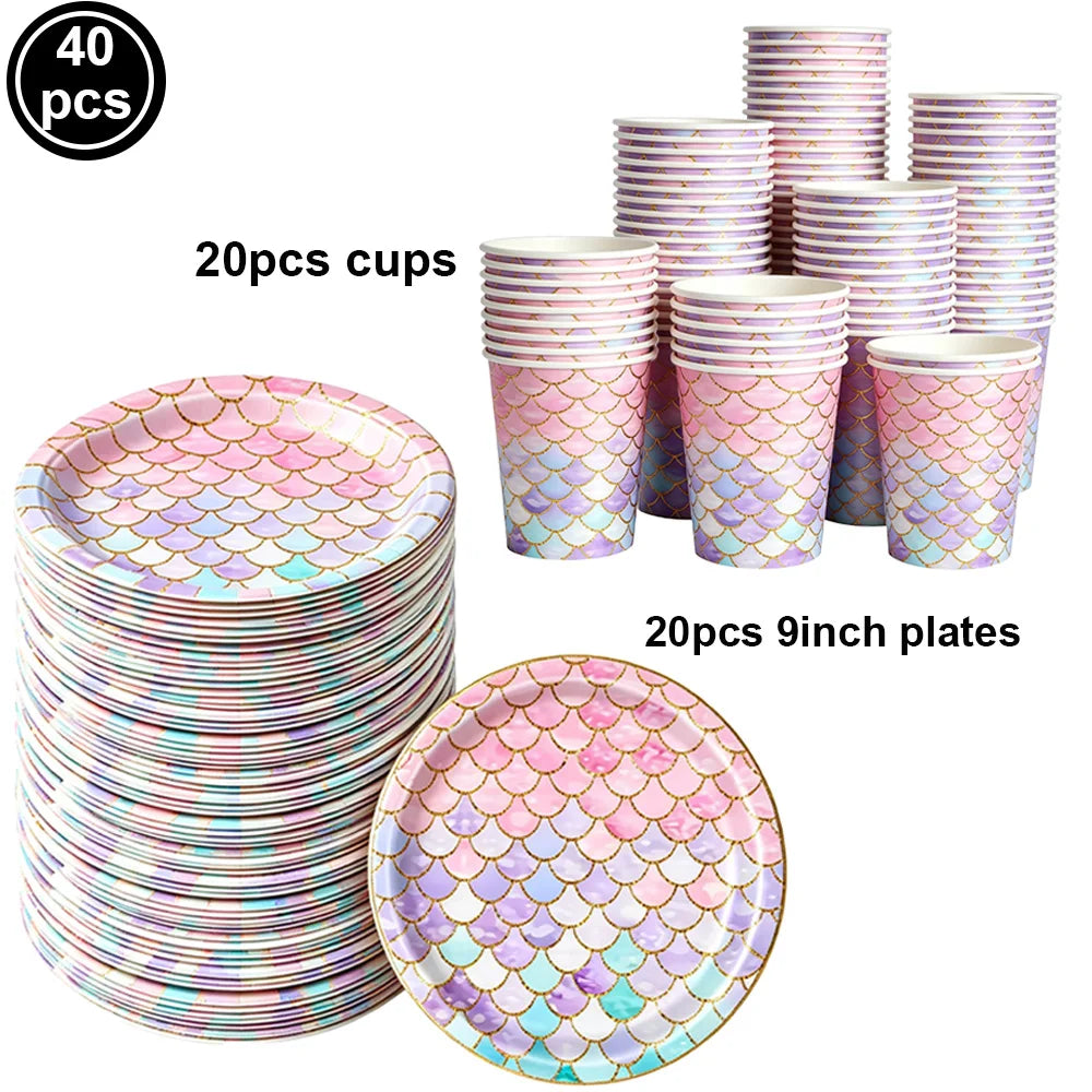 Mermaid Party Supplies Mermaid Scales Pattern Paper Plate Cup Napkin Popcorn Box Food Bowl Girl Birthday Party Baby Shower Decor
