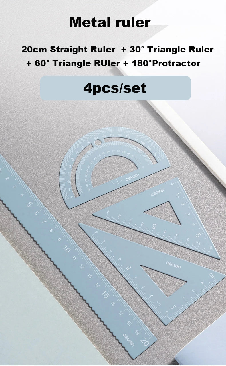 Deli 4Pcs Metal Ruler Set Multifunctional Straight Triangle Ruler Protractor Math Geometry Kit for School Kids Drawing Measuring