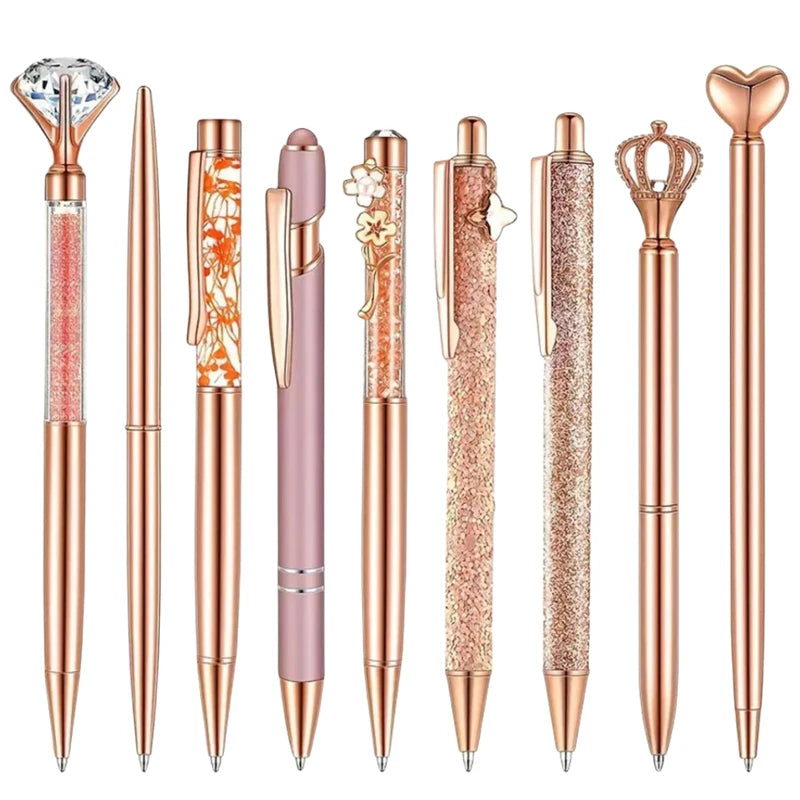 3-9pcs Rose Golden Metal Ballpoint Pen Set, Pearl Quicksand Crown, Love Artificial Diamond,School&Office Supply Gifts,Weddings