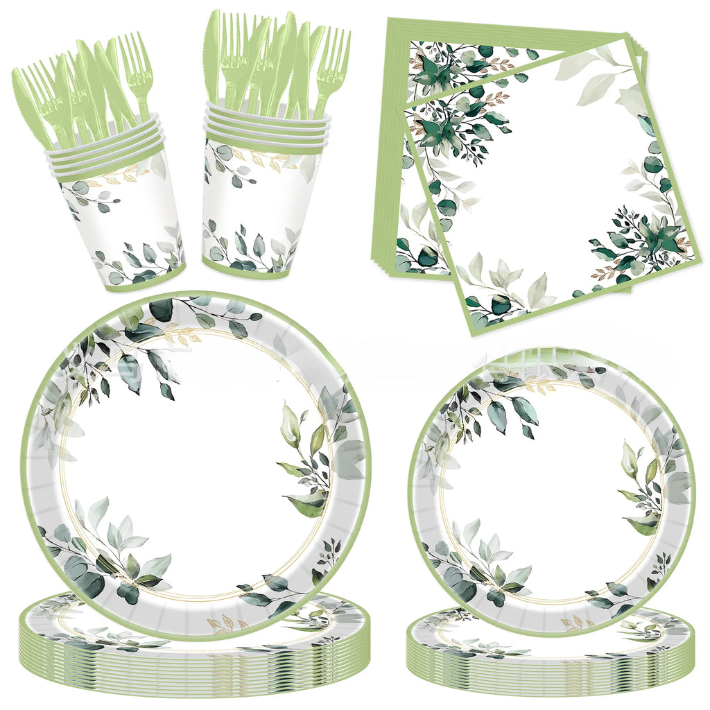 20pcs Disposable Tableware Such As Green Ink Party Sage Themed Paper Cups Plates Tissues Knives Birthday Party Decorations