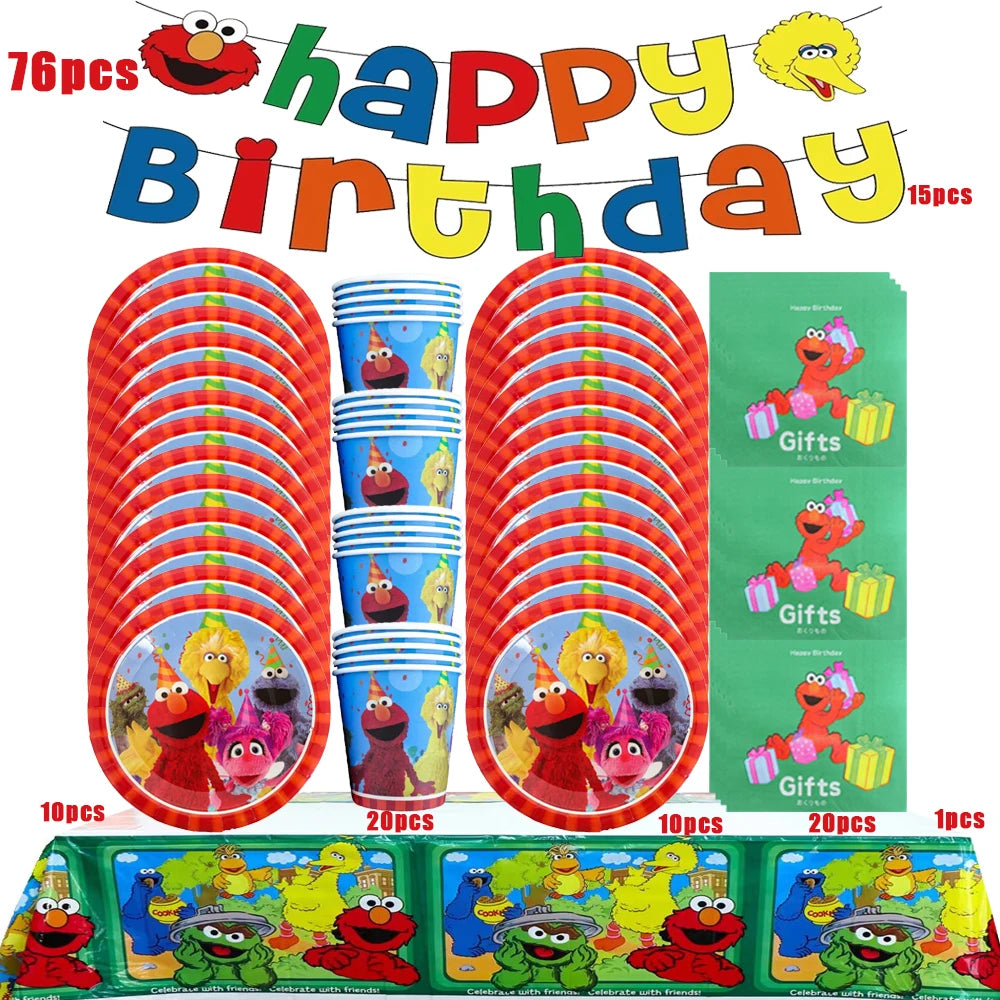 Cartoon SEsame-Streets Birthday Party Set Supplies Kids Disposable Tableware Balloon Cake Topper Banner Plates Decoration