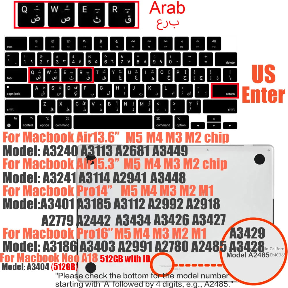 Multi-Language Keyboard Protector Compatible with for MacBook Air/Pro M5-M4 A2779,A3434,A3241 | Arabic, FR, RU, ES, IT Layouts