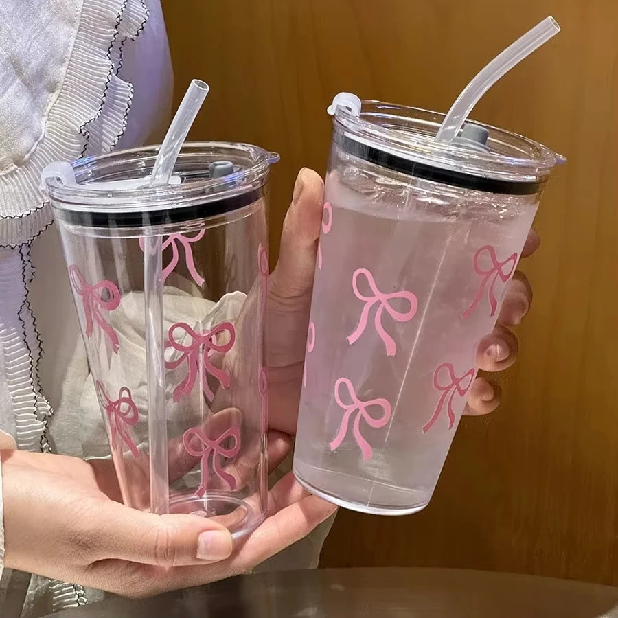 1/2/3pcs 450ml Pink Bow Plastic Cup With Straw And Lid Transparent Milk Coffee Drink Mug Household Travel Ins Water Drinking Cup
