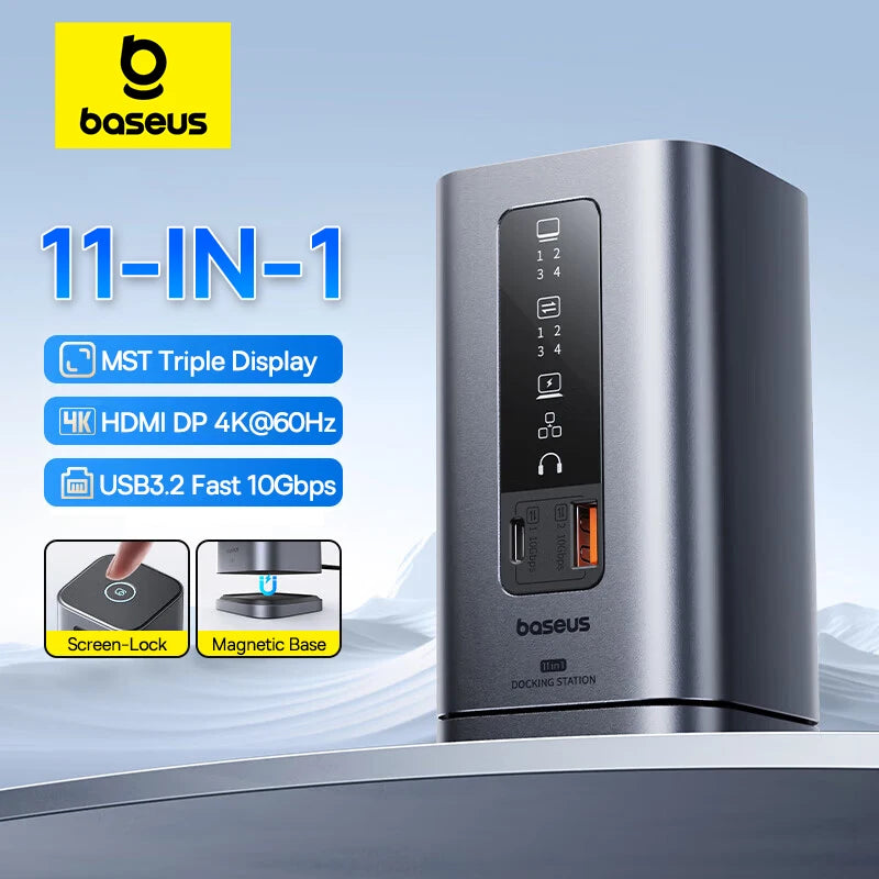 Baseus 11-IN-1 USB C HUB HDMI DP 4K@60Hz MST Triple Display USB 3.2 Splitter with RJ45 3.5mm Mic PD100W Magnetic Docking Station