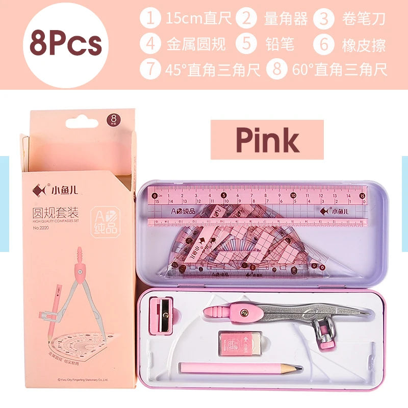 8 In1 Compass Ruler Mathematical Geometry Plate Portable Iron Box Set Stationery Math For Students Drawing Accessori 2221