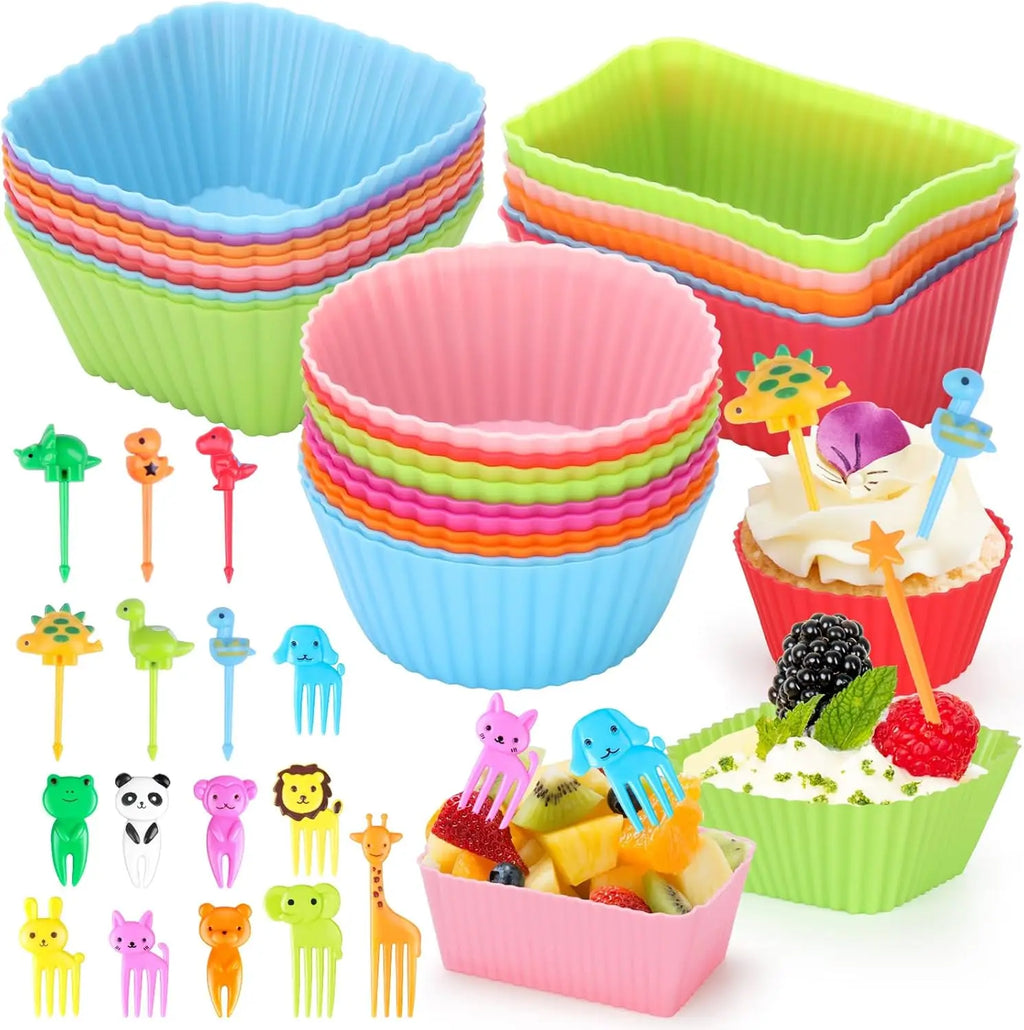 Kids Lunch Bento Box Accessories with Silicone Cupcake Liners for Baking and Small Animal Food Toothpicks Fruit Forks