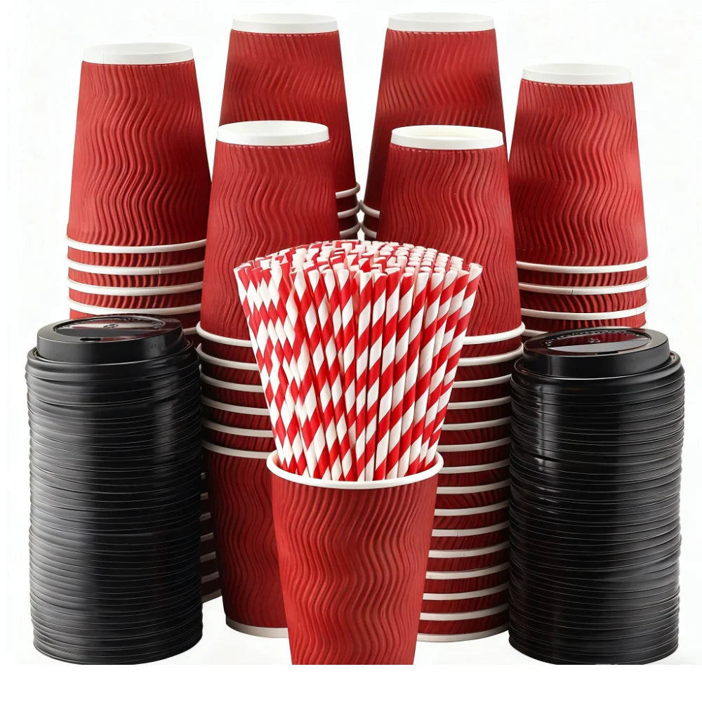 Red Corrugated Disposable Coffee Cups Heat Insulation Cups with Straw for Hot Beverage Ideal for Party Christmas New Year Supply