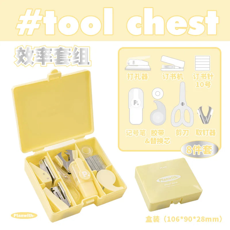 Kawaii 4/8pc Portable Stationery Multi Functional Tool Box Efficiency Set Puncher Stapler Adhesive Tape Mini School Supplies