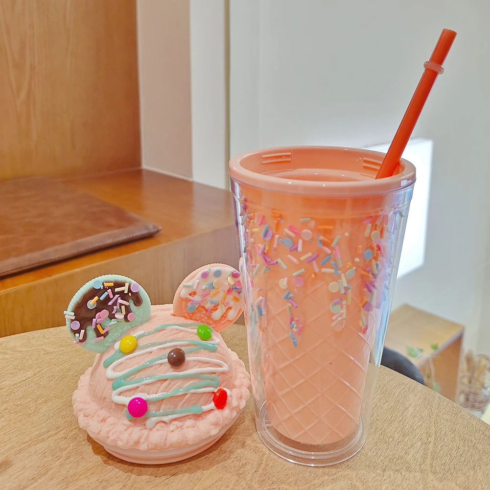 450ml Fashion Cartoon Ice Cream Straw Cup Adorable Plastic Bear Drinking Cup With Lid Milk Tea Cup For Women Girls Outdoor Home