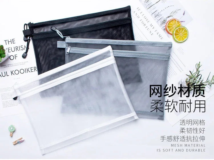 Nylon Mesh File Bag A4 A5 A6 Transparent Zipper Test Paper Information Bag Office Student Pen Bag Subject Bag Puzzle Storage Bag