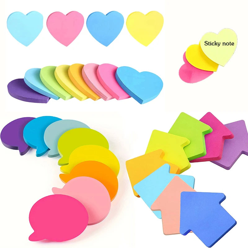 Set of 8 Brightly Colored Self-Adhesive Sticky Notes Featuring Bubbles, Arrows, and Hearts—Perfect for Home and School