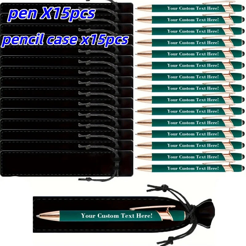 15Sets Customizable Engraved Metal Ballpoint Pens with Durable Case + 15pcs Custom Pen Bags - Bulk Writing Utensils for Business