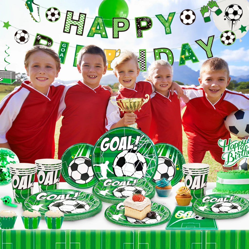 Soccer Party Decorations,113pcs Party Decorations&Tableware Set-Soccer Birthday Banner Balloons Whistle Keychain Plates etc