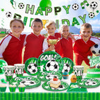 Soccer Party Decorations,113pcs Party Decorations&Tableware Set-Soccer Birthday Banner Balloons Whistle Keychain Plates etc