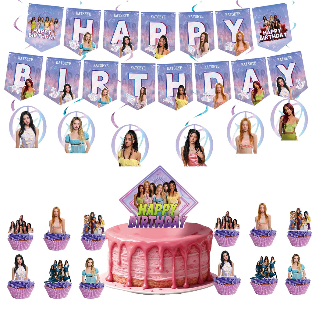Katseye Girl Birthday Party Theme Decoration Cup Plate Banner Backdrop Gift Bag Tablecloth For Gift Baby Shower Supplies