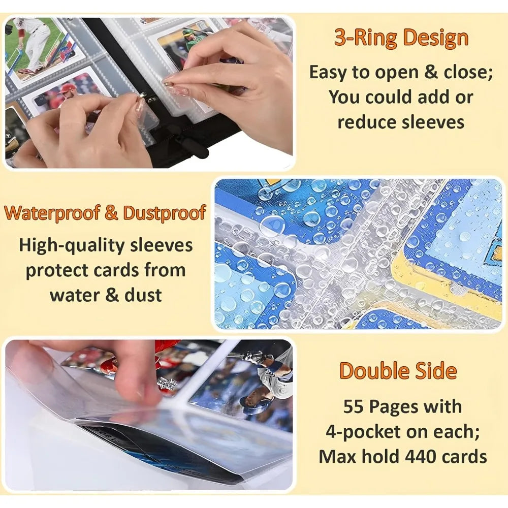 Trading Card Binder 400 Pockets 50 Pages Zipper 3 Ring Sports Album Baseball Card Storage Holder Compact Collector Case