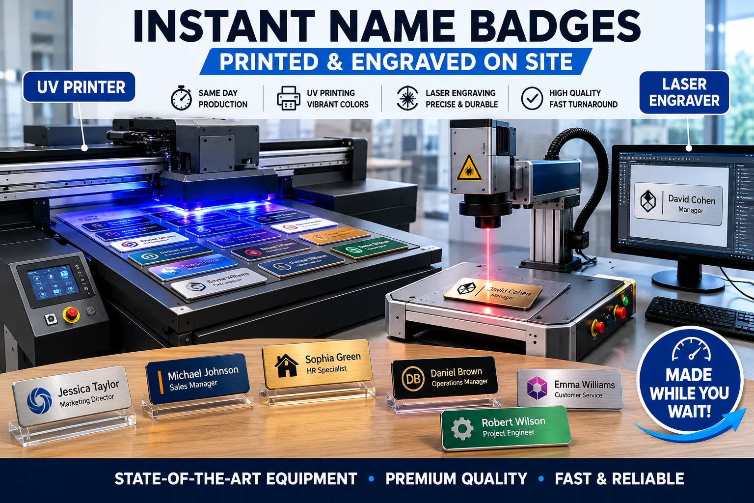 Personalized Name Tag Badges Identification Customized with Text&Logos, Stainless Steel Name for Clothing with Pin or Magnetic
