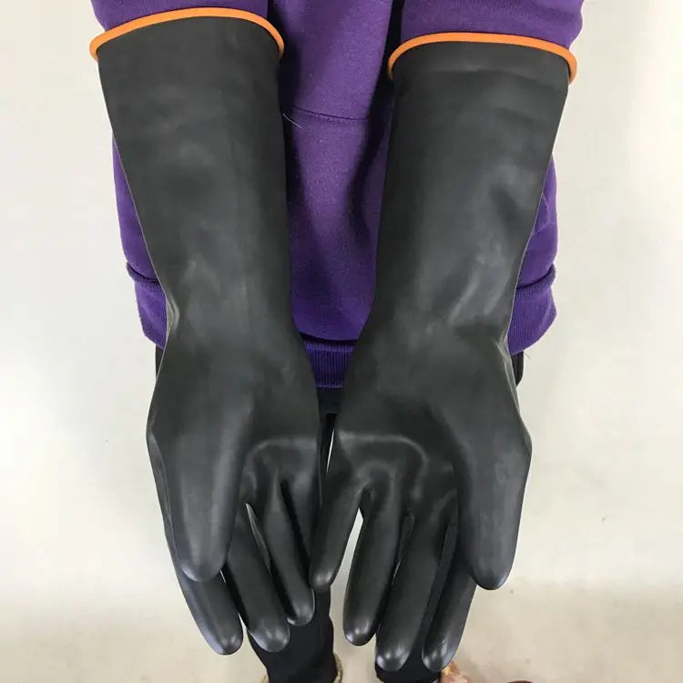 Acid and alkali resistant black lengthened anti-corrosion waterproof industrial latex thickened rubber gloves