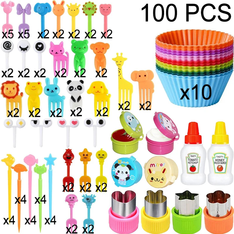 Mini Fruit Forks For Children Kids Cute Animal Food Picks Snack Toothpicks With Vegetable Cutter Set Silicone Lunch Box Dividers