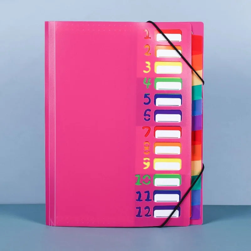 A4 12-Pocket Rainbow Accordion File Folder, Elastic Band Expanding Document Organizer with Index Tabs for School Office